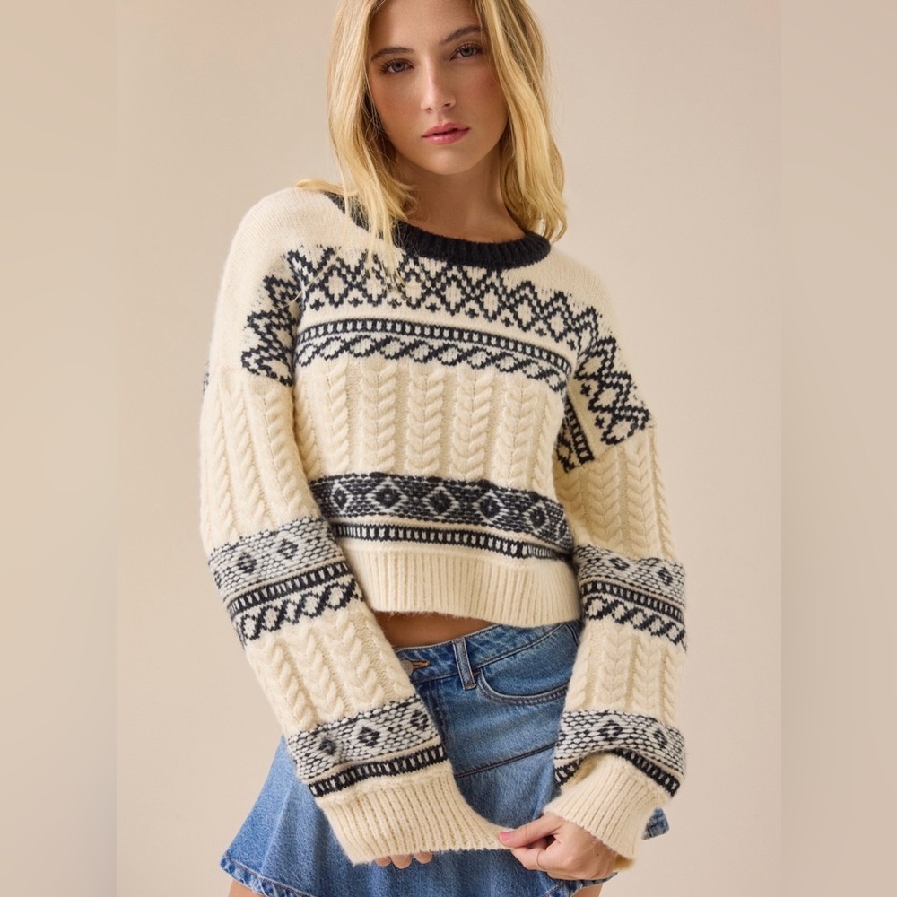 NEW Altar'd State Chunky Oversized Cropped Sweater Size XL Fair Isle Cozy Boho